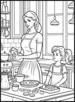 Mother Son Kitchen Coloring page vector