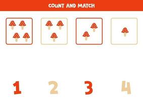 Counting game for kids. Count all fly agaric and match with numbers. Worksheet for children. vector