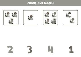 Counting game for kids. Count all raccoons and match with numbers. Worksheet for children. vector