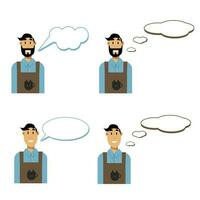 Set of men with speech bubbles. Vector illustration in flat style. Barista with beard. Apron with cup of coffee.