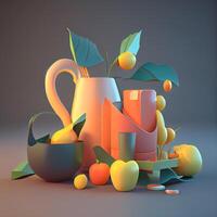 3d illustration of a composition of fruits, leaves and a jug, Image photo