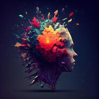 Abstract human head with colorful paint splashes. 3d illustration., Image photo