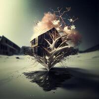 abstract house with snowflakes on the background of winter landscape, Image photo