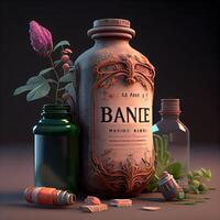 Bottle of brandy with floral elements. 3D illustration., Image photo