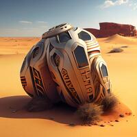 Futuristic space ship in the desert. 3D illustration., Image photo