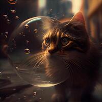 Cat inside a glass ball with water drops. 3D illustration., Image photo