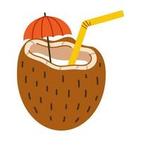 Vector coconut with straw and umbrella in flat design. Exotic coconut cocktail. Summer drink in coconut.