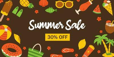 Vector summer sale banner. Discount advertisement. Invitation for shopping with 30 percent off. Summer poster template. Dark brown background.