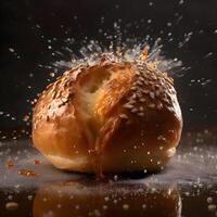 Bun with sesame seeds and drops of water on a dark background, Image photo