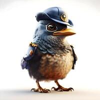 Cute blue bird in a cap of the policeman on a white background, Image photo