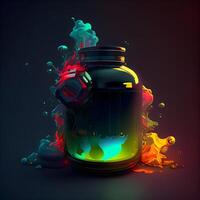 Paint bottle with splashes and drops. 3d illustration., Image photo