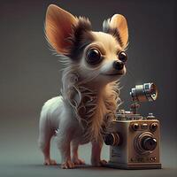 Cute chihuahua dog with old camera on gray background, Image photo