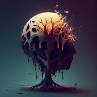 Burning tree in the form of a skull. illustration., Image photo