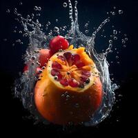 Fruta salpicaduras dentro un vaso de agua en un oscuro fondo, ai generativo imagen foto