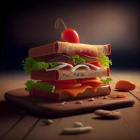 Sandwich with ham, cheese, tomato and lettuce on wooden background, Image photo