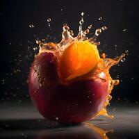 Fruta salpicaduras en agua en un oscuro antecedentes. naranja y rojo manzana, ai generativo imagen foto