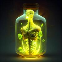 Human skeleton inside a bottle with glowing light inside. 3D illustration., Image photo