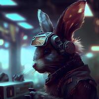 Rabbit with helmet and goggles in a spaceship. 3d rendering, Image photo