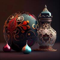 Ramadan Kareem greeting card. Arabic lanterns on black background, Image photo