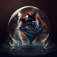 Tiger in a crystal ball. 3d illustration. Black background., Image photo