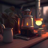 3D rendering of an old lantern on a table in a room, Image photo