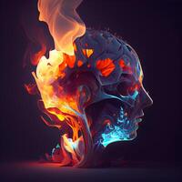 Human head made of fire and smoke on dark background. illustration., Image photo