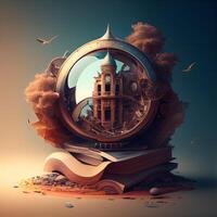 Open book with old school building in the background. 3d illustration, Image photo