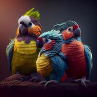 vistoso guacamayo loros en un oscuro antecedentes. 3d representación, ai generativo imagen foto