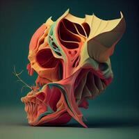 3D rendering of a human skull in a colorful abstract background., Image photo