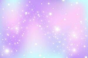 Rainbow unicorn background. Pastel gradient color sky with glitter stars. Magic pink galaxy space. Vector fairy abstract pattern.