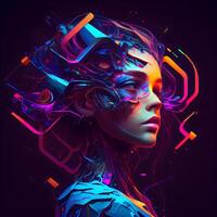 3d rendering of a female robot in neon light. Futuristic concept., Image photo