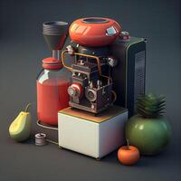 Vintage retro camera and fruits on black background. 3d render, Image photo