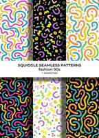 90s style squiggle doodle seamless patterns set vector