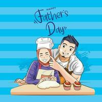 Father's Day. Father and Daughter in the hijab cooking together vector illustration pro download