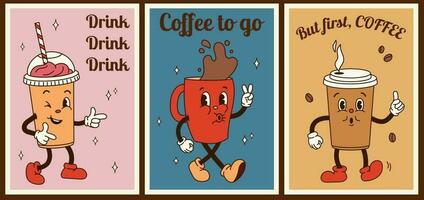 Set 3 posters with groovy coffee characters with motivation quotes in retro cartoon style of 60s 70s. Flat vector illustration.