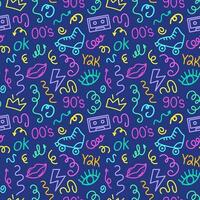 Trendy bright squiggles seamless pattern. Fun line doodle shapes of symbol 90s with curly confetti. Simple childish print. For textile, backdrop, packaging vector