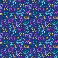 Trendy bright squiggles seamless pattern. Fun line doodle shapes of symbol 90s with curly confetti. Simple childish print. For textile, backdrop, packaging vector