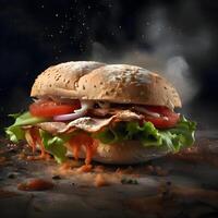 hamburger with bacon and cheese on a wooden board with smoke, Image photo