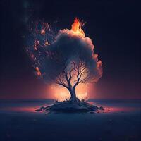 Burning tree in the sea. Conceptual illustration of a natural disaster., Image photo