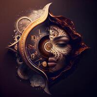 digital ilustración de un hermosa mujer cara con reloj cara en oscuro fondo, ai generativo imagen foto