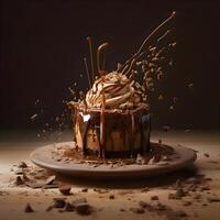 Chocolate cake with cherry and cherry on a black background with splashes, Image photo