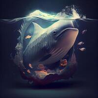 Whale swimming underwater with fish in the ocean. 3d illustration, Image photo