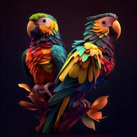 Colorful parrots isolated on black background. 3D illustration., Image photo