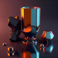 3D rendering of a trophy cup on a dark background with cubes., Image photo