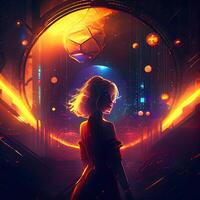 Futuristic girl with neon lights in the background. Digital illustration., Image photo