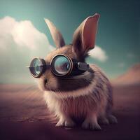 Rabbit with glasses on the background of the desert. 3d rendering, Image photo