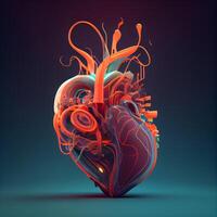 Human heart on a dark background. 3d illustration. Neon colors., Image photo