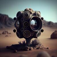 3D rendering of a gas mask in the desert with some rocks, Image photo