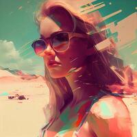 3d ilustración de un hermosa joven mujer en Gafas de sol en el playa, ai generativo imagen foto