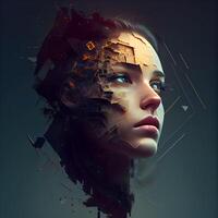 Double exposure portrait of a beautiful woman with abstract face made of gears., Image photo